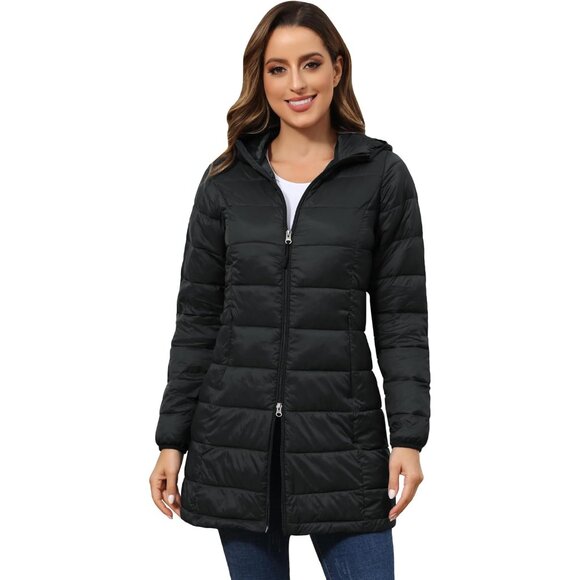 🆕 Women Black Long Quilted Puffer Coat Packable Lightweight Pockets Jacket Hood - Picture 9 of 9